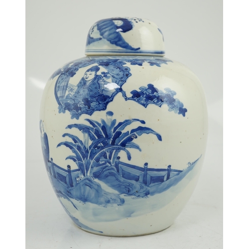 106 - A large Chinese blue and white Romance of the Western chamber ovoid jar and cover, Kangxi mark, bu... 