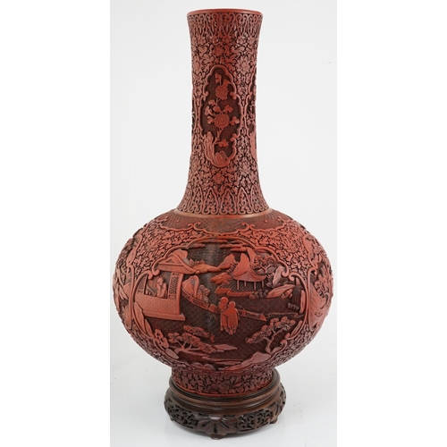 117 - A large Chinese cinnabar lacquer bottle vase, 19th century, carved in high relief with scholars and ... 