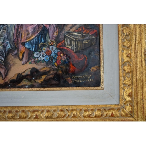 12 - Pierre-Henri Bonnet after Boucher, a Limoges enamel plaque depicting an 18th century lady with birds... 