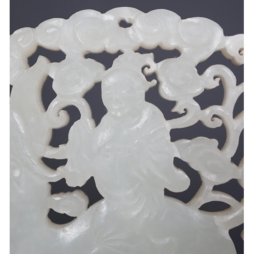 128 - A Chinese white jade qilin and rider plaque, 18th/19th century, carved and pierced to each side wi... 