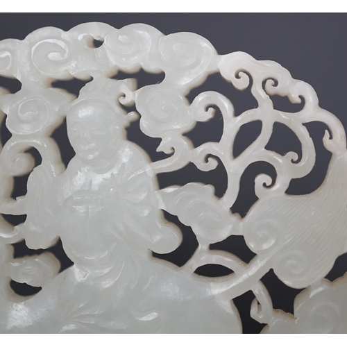 128 - A Chinese white jade qilin and rider plaque, 18th/19th century, carved and pierced to each side wi... 