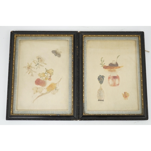 130 - A pair of Chinese hardstone or soapstone appliqué work pictures of antiques, early 20th century, app... 