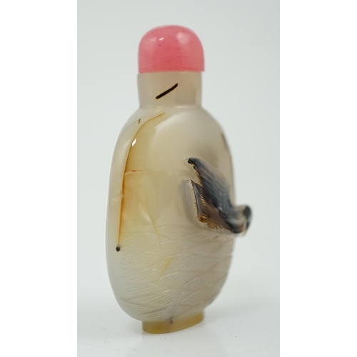 136 - A Chinese shadow/cameo agate 'duck in a pond' snuff bottle, 19th/20th century, carved in relief to a... 