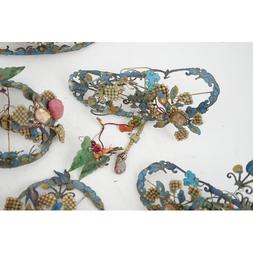 151 - A group of eight Chinese kingfisher feather, jade, seed pearl, coral and hardstone mounted headdress... 