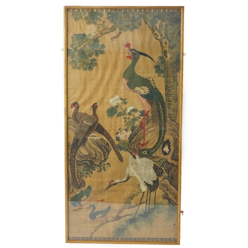 153 - A large Chinese painting on silk of birds, late 19th/early 20th century, signed Lu Ji, painted with ... 