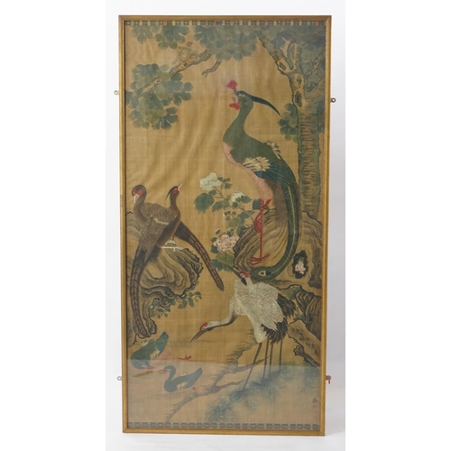 153 - A large Chinese painting on silk of birds, late 19th/early 20th century, signed Lu Ji, painted with ... 