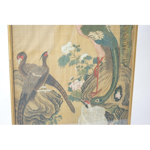 153 - A large Chinese painting on silk of birds, late 19th/early 20th century, signed Lu Ji, painted with ... 