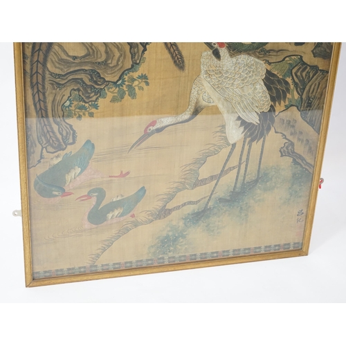 153 - A large Chinese painting on silk of birds, late 19th/early 20th century, signed Lu Ji, painted with ... 