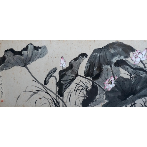 154 - Professor Lau Ta-Po, Hong Kong artist, ink and watercolour, 'Lotus', signed and inscribed, 64 x 132c... 