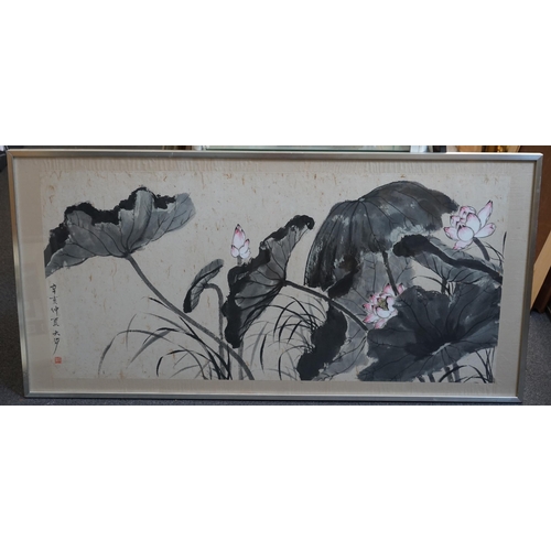 154 - Professor Lau Ta-Po, Hong Kong artist, ink and watercolour, 'Lotus', signed and inscribed, 64 x 132c... 