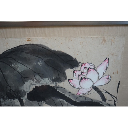 154 - Professor Lau Ta-Po, Hong Kong artist, ink and watercolour, 'Lotus', signed and inscribed, 64 x 132c... 