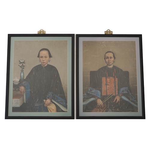 155 - China Trade, late Qing dynasty, two portraits of Qing ladies, oil on canvas, each 63 x 47cm, later f... 