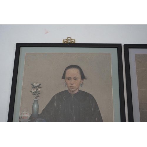 155 - China Trade, late Qing dynasty, two portraits of Qing ladies, oil on canvas, each 63 x 47cm, later f... 