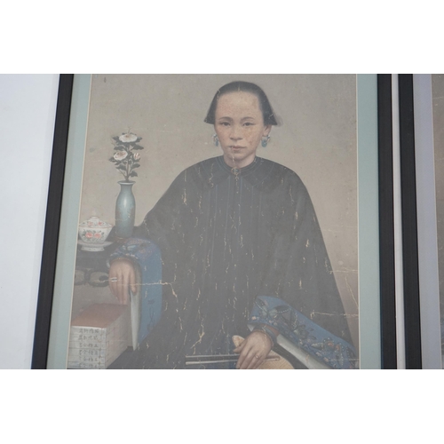 155 - China Trade, late Qing dynasty, two portraits of Qing ladies, oil on canvas, each 63 x 47cm, later f... 