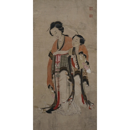 156 - Chinese School, Yongzheng period (1723-35), watercolour on paper, two court ladies, two collector's ... 