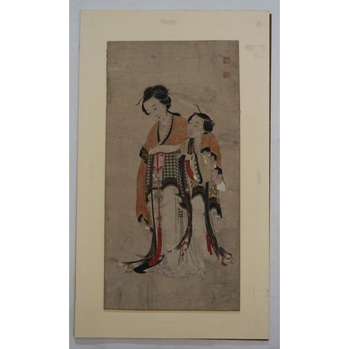 156 - Chinese School, Yongzheng period (1723-35), watercolour on paper, two court ladies, two collector's ... 