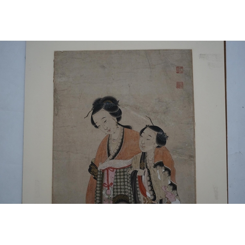 156 - Chinese School, Yongzheng period (1723-35), watercolour on paper, two court ladies, two collector's ... 