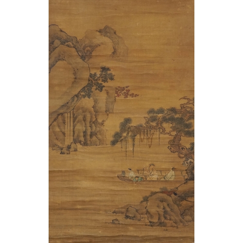 157 - Chinese School, 18th century, a scroll painting on silk of figures on a boat, signed Qiu Ying, image... 