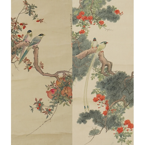 158 - Chinese School, late 19th century, a pair of scroll paintings on silk of birds, the birds perched on... 