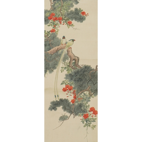 158 - Chinese School, late 19th century, a pair of scroll paintings on silk of birds, the birds perched on... 