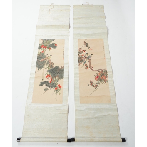 158 - Chinese School, late 19th century, a pair of scroll paintings on silk of birds, the birds perched on... 