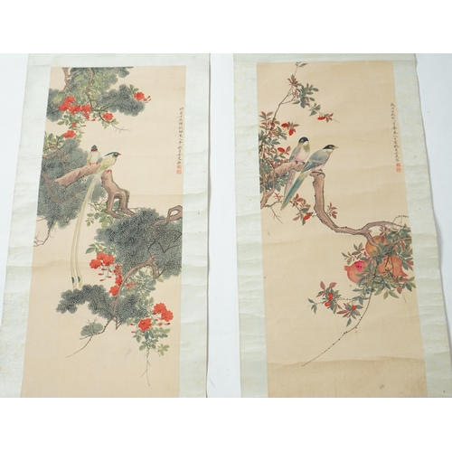 158 - Chinese School, late 19th century, a pair of scroll paintings on silk of birds, the birds perched on... 