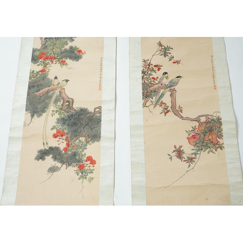 158 - Chinese School, late 19th century, a pair of scroll paintings on silk of birds, the birds perched on... 