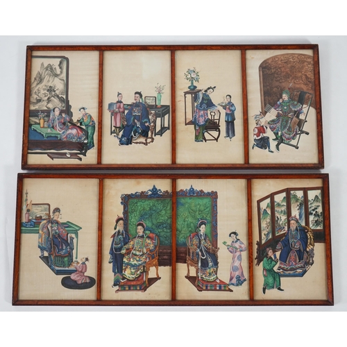 160 - A set of eight Chinese pith paintings of an emperor and empress, court dignitaries and attendants, m... 
