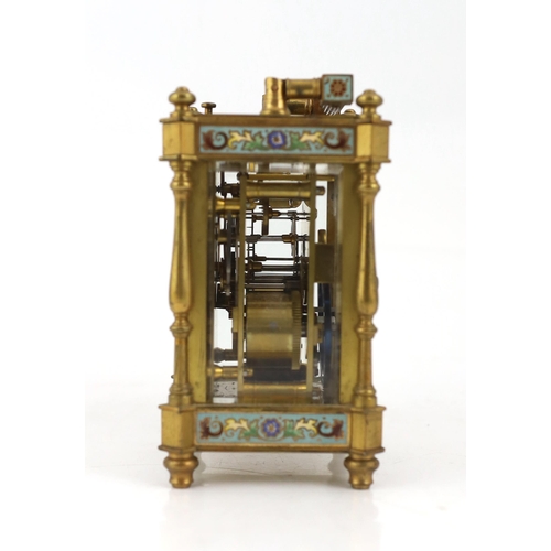 162 - An early 20th century French ormolu and champlevé enamel hour repeating carriage clock with scrollin... 