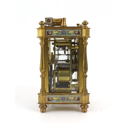 162 - An early 20th century French ormolu and champlevé enamel hour repeating carriage clock with scrollin... 