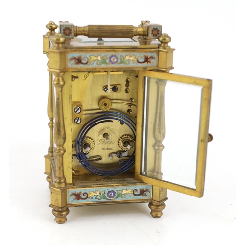 162 - An early 20th century French ormolu and champlevé enamel hour repeating carriage clock with scrollin... 