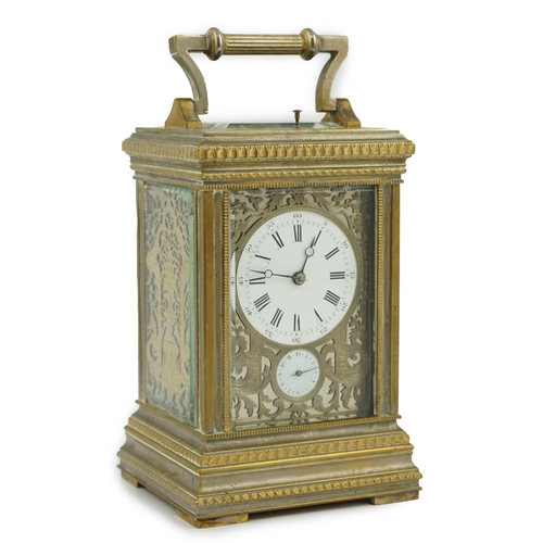 163 - An early 20th century French silvered brass grand sonnerie alarum carriage clock with fretwork panel... 