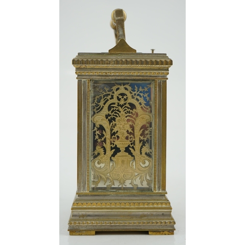 163 - An early 20th century French silvered brass grand sonnerie alarum carriage clock with fretwork panel... 