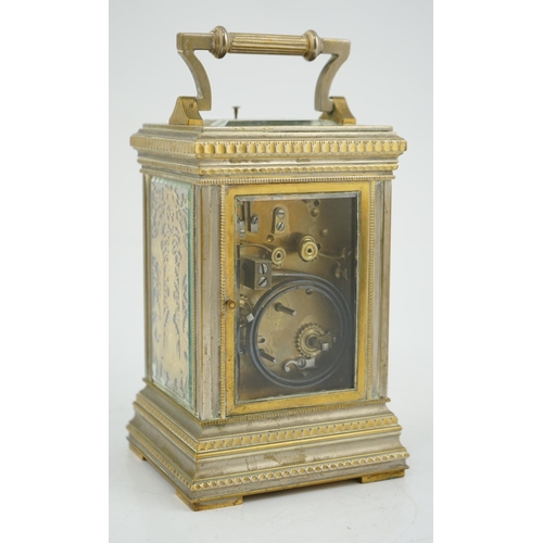 163 - An early 20th century French silvered brass grand sonnerie alarum carriage clock with fretwork panel... 