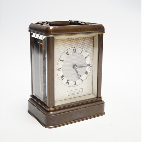 164 - T. Martin & Co., 151 Regent Street. W.,  a Victorian bronze carriage timepiece in gorge case with si... 