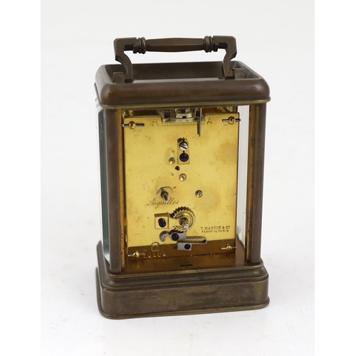 164 - T. Martin & Co., 151 Regent Street. W.,  a Victorian bronze carriage timepiece in gorge case with si... 