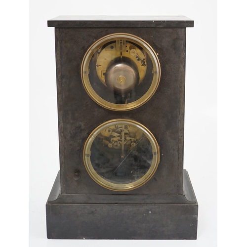 167 - A late 19th century French black slate calendar mantel clock, the upper dial with enamelled Roman nu... 