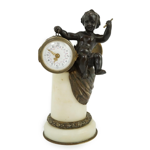 169 - An early 20th century French eight day bronze and ormolu desk timepiece modelled as a putto banging ... 