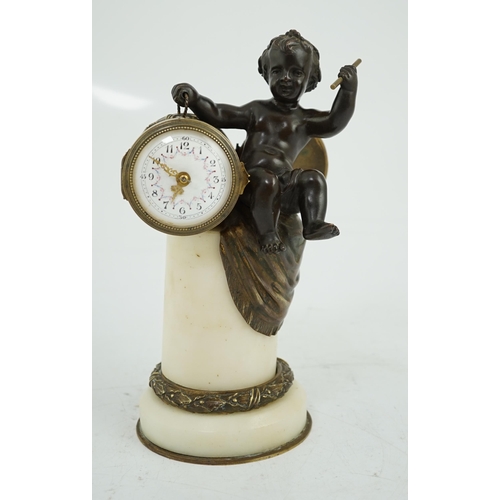 169 - An early 20th century French eight day bronze and ormolu desk timepiece modelled as a putto banging ... 