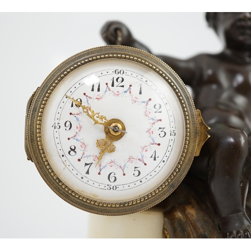 169 - An early 20th century French eight day bronze and ormolu desk timepiece modelled as a putto banging ... 