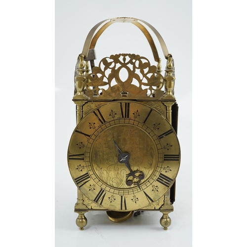 171 - Robert Watts of Stamford, an early 18th century brass lantern clock, the Roman dial engraved with th... 