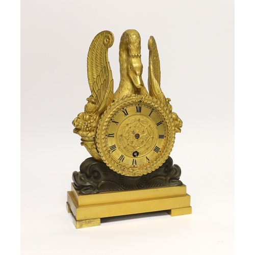 172 - J. Schwearer, Regents Park, a Regency bronze and ormolu mantel timepiece of drum case form with swan... 