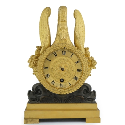 172 - J. Schwearer, Regents Park, a Regency bronze and ormolu mantel timepiece of drum case form with swan... 