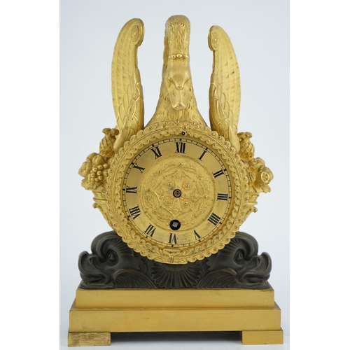 172 - J. Schwearer, Regents Park, a Regency bronze and ormolu mantel timepiece of drum case form with swan... 