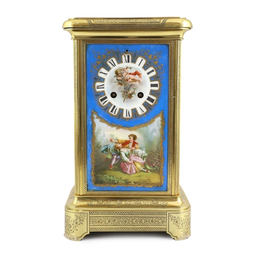 173 - A mid 19th century French ormolu and Sevres style porcelain four panel mantel clock, the central pan... 