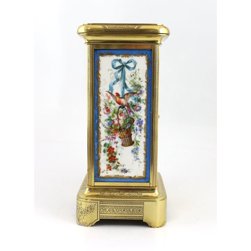 173 - A mid 19th century French ormolu and Sevres style porcelain four panel mantel clock, the central pan... 