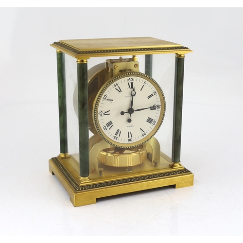 175 - A Jaeger le Coultre Atmos clock with lacquered brass and simulated marble column case, 21cm wide, 16... 