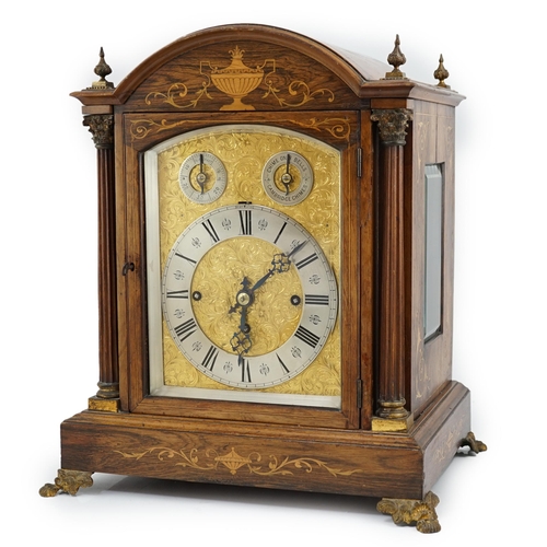 178 - A late Victorian marquetry inlaid rosewood chiming bracket clock in arched architectural case, with ... 