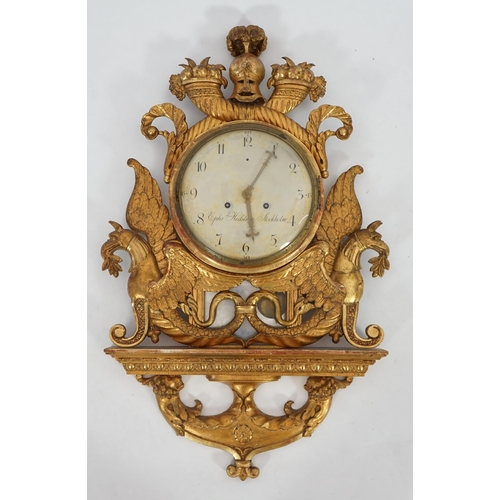 181 - Ephr. Hedstrom of Stockholm, an early 19th century Swedish giltwood cartel clock, carved with plumed... 