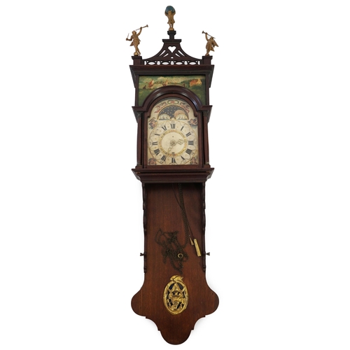 182 - A late 18th century Dutch Frisian Staart oak eight day wall clock with atlas and angel finials, hood... 